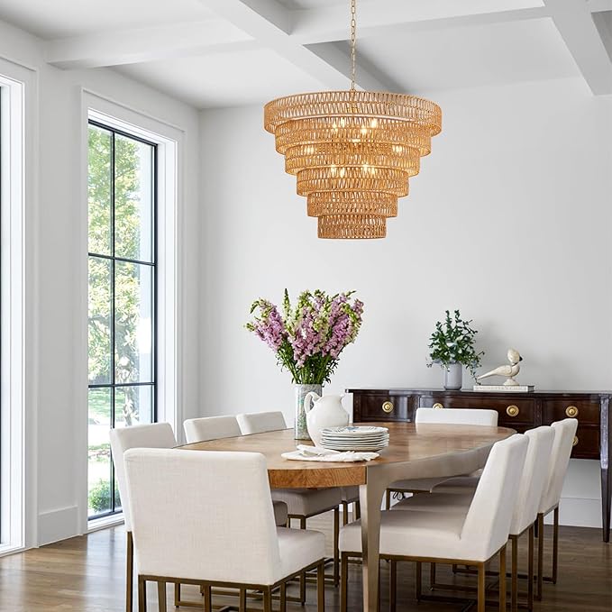 31.5“ Hand-Woven Rattan Chandelier Vintage Farmhouse 12-Lights Boho Bamboo Large Chandeliers Light Fixture 6-Tier Drum Wicker Golden Chandelier for Dining Room, Living Room, Kitchen, E12