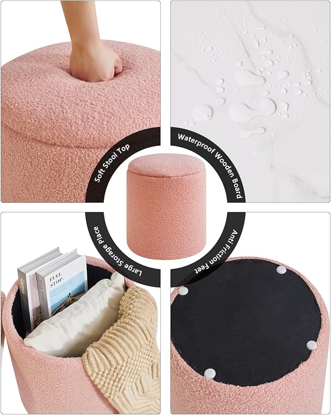 IBUYKE Storage Ottoman Set of 2 Round Ottoman Fleece Vanity Stool with Storage Velvet Footrest Stool End Table Boucle Ottoman for Home Organization Pink UWBD015P