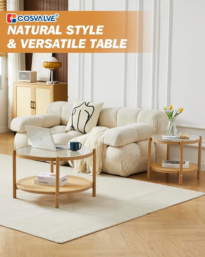 COSVALVE 27.5" Boho Rattan Coffee Table, Round Glass Metal Center Table, Modern Simple 2 Tier Middle Table for Small Space Living Room Bedroom Office Meeting Room