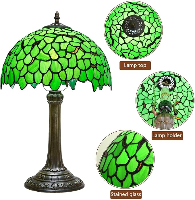 Tiffany Lamp Stained Glass Table Lamp 12X12X18 Inches Green Leaf Style Desk Reading Light Decor Beside Bedroom Living Room Home Festival Birthday Gift