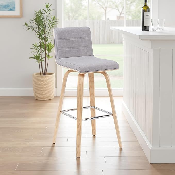 Vienna Modern Swivel Bar Height Stool with Grey Upholstered Seat and Patterned Oak Wood Frame Set of 4