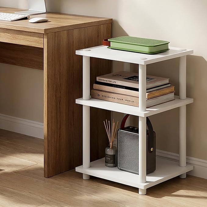 Furinno Turn-N-Tube Side Table, 3-Tier Square Modern End Table, Toolless Open Shelves Nightstand, Night Stand, Bedside Table, Easy Assembly, for Living Room, Bedroom, White