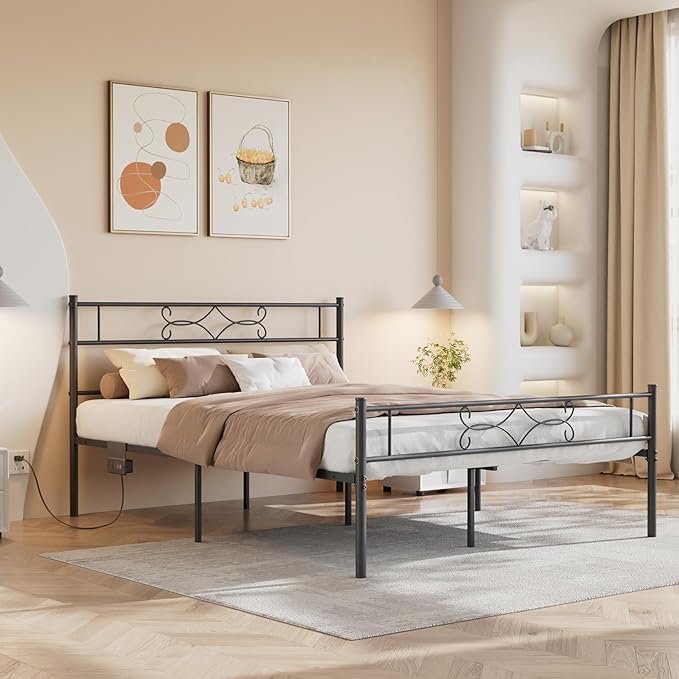 VECELO Queen Size Metal Platform Bed Frame with Headboard & Charging Station,Premium Steel Slat Support No Box Spring Needed,Noise-Free Anti-Slip,Easy Assembly