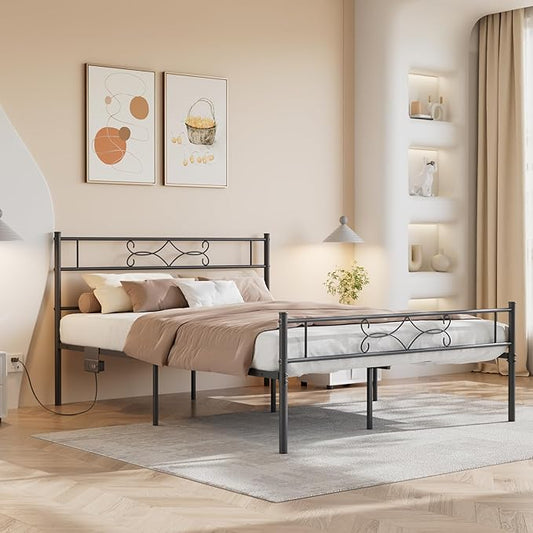 VECELO Queen Size Metal Platform Bed Frame with Headboard & Charging Station,Premium Steel Slat Support No Box Spring Needed,Noise-Free Anti-Slip,Easy Assembly