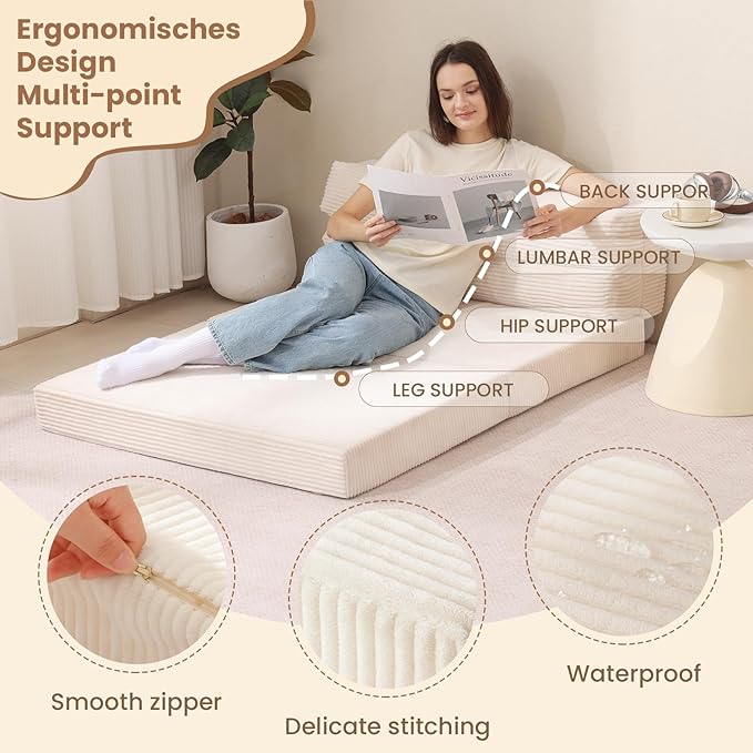 JUIKURY Folding Sofa Bed, Convertible Sleeper Chair with Pilow Foldable Matress, 2 in 1 Pull Out Loveseat Sofa Portable Fold Out Chair Bed Floor Couch Lounge for Living Room Bedroom (Beige, Full)