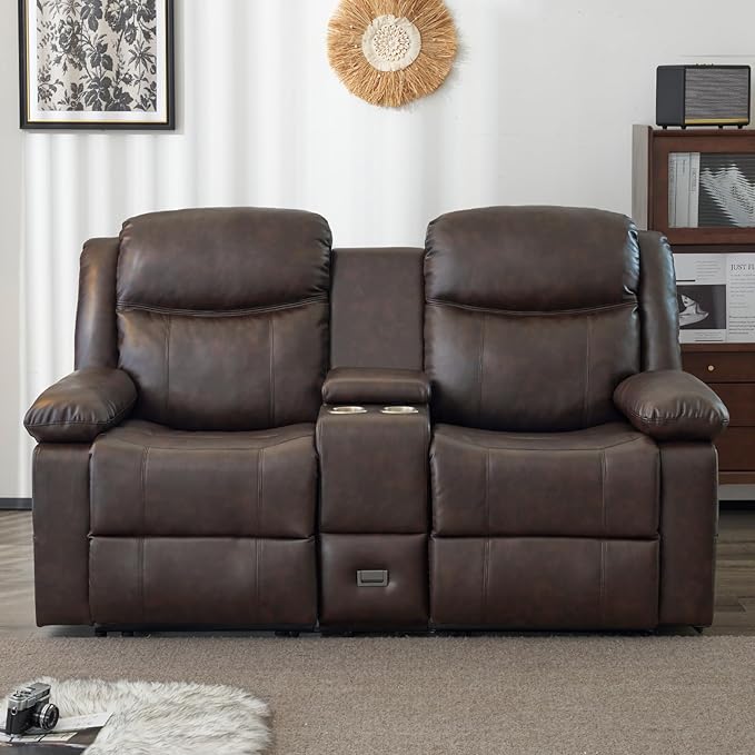 Loveseat Recliner Sofa, PU Leather Sofa Couch, Manual Recliner Loveseat with Console, Double Reclining RV Sofa with Cup Holders and Side Pocket for Living Room/Office/Apartment (Brown) | Heating & Massage, Hidden Drawer