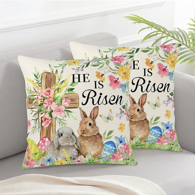 He is Risen Easter Bunny Pillow Covers 20x20 Set of 2 Bunnies Floral Cross Throw Pillows Spring Rabbits Colorful Eggs Outdoor Farmhouse Pillow Case for Couch Home Sofa Bed Porch Decor