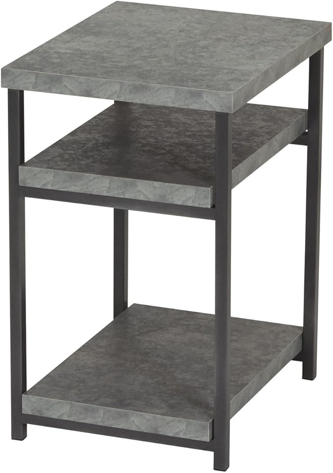 Household Essentials Jamestown Rectangular Side End Table with Storage Shelves Rustic Slate Concrete and Black Metal