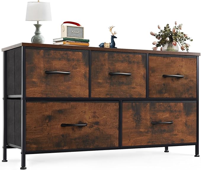 OLIXIS Dresser Nightstand for Bedroom, 5 Storage Drawers, Wide Fabric Closet Chests Organizer Furniture, TV Stand with Wooden Top Metal Frame for Clothes, Living Room, Entryway,Classic Rust Brown
