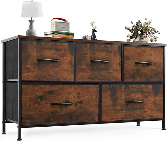 OLIXIS Dresser Nightstand for Bedroom, 5 Storage Drawers, Wide Fabric Closet Chests Organizer Furniture, TV Stand with Wooden Top Metal Frame for Clothes, Living Room, Entryway,Classic Rust Brown