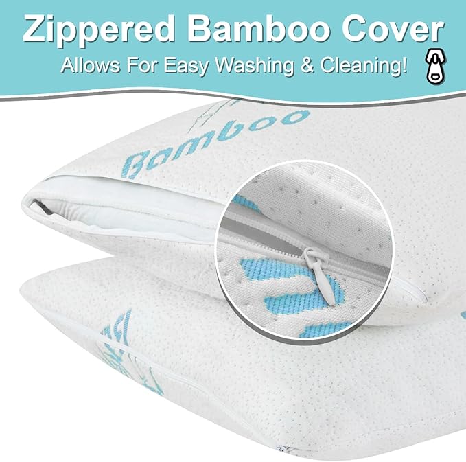 Cool Rayon of Bamboo Pillows 2 Pack King Size (20"x36") for Sleeping, Soft Shredded Adjustable Memory Foam Washable Zippered Breathable Cover, Relieves Neck Pain Asthma for Back/Stomach/Side Sleeper