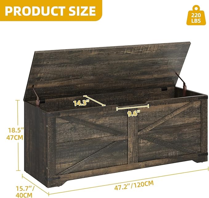 DWVO Wooden Storage Bench, Farmhouse Storage Chest with Safety Hinges, Entryway Shoe Organizer, Multi-Use Storage for Living Room/Bedroom, 47.2" L, Dark Rustic Oak