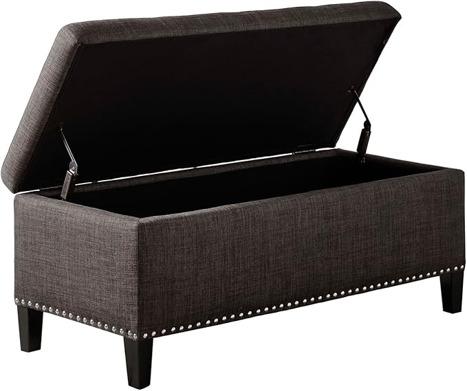 Madison Park Shandra II Storage Ottoman - Solid Wood, Polyester Fabric Toy Chest Modern Style Lift-Top Accent Bench for Bedroom Furniture, Medium, Charcoal