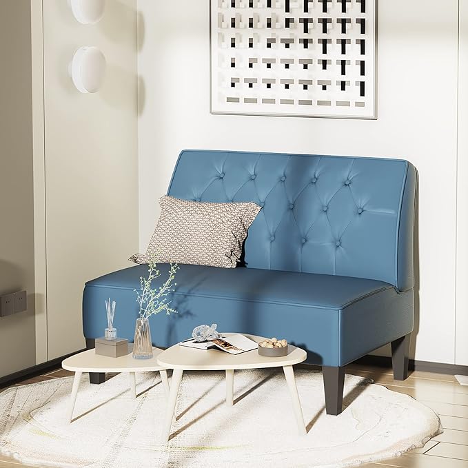 Alunaune Upholstered Blue Loveseat Bench Couch for Bedroom, Modern Cushioned Armless Settee Small Love Seat Sofa Faux Leather Living Room Couch