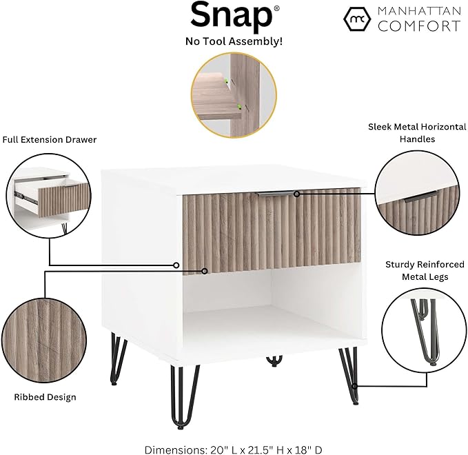 Manhattan Comfort Dumbo Fluted Nightstand with Drawer and Open Shelf, Gold Hairpin Legs and Metal Handle, Snap Tool-Free Assembly, Bedside Accent Table for Bedroom, Living Room in White & Rustic Grey