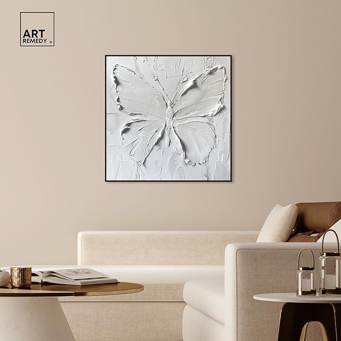 Art Remedy White Butterfly Canvas Elegant White Gold Wall Art, Black Frame, 40" x 40"