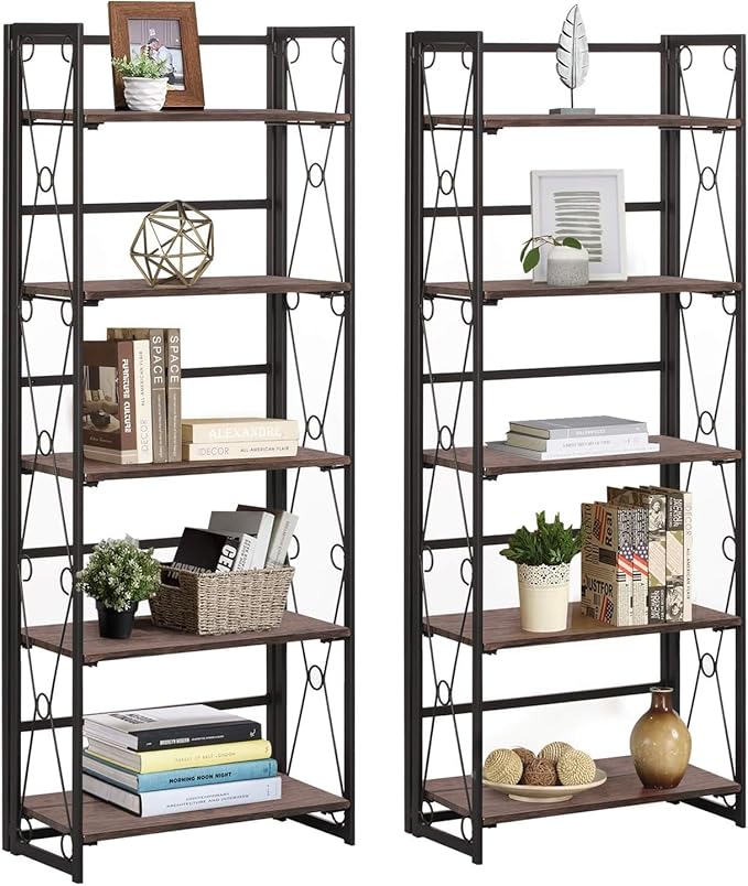 VECELO Bookshelf, 5 Shelf Folding Bookcase No Assembly, Industrial Metal Freestanding Shelves Rack Organizer for Living Room, Office, Bedroom, Kitchen, Set of 2, Dark Brown