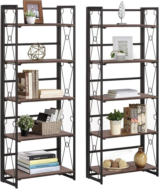 VECELO Bookshelf, 5 Shelf Folding Bookcase No Assembly, Industrial Metal Freestanding Shelves Rack Organizer for Living Room, Office, Bedroom, Kitchen, Set of 2, Dark Brown