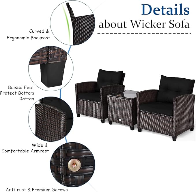 AUGESTER 3 PCS Patio Furniture Set, Outdoor PE Rattan Wicker Conversation Sofa Set w/Washable Cushion and Tempered Glass Tabletop, All Weather Chat Sofa for Garden Poolside Balcony Porch (Black)