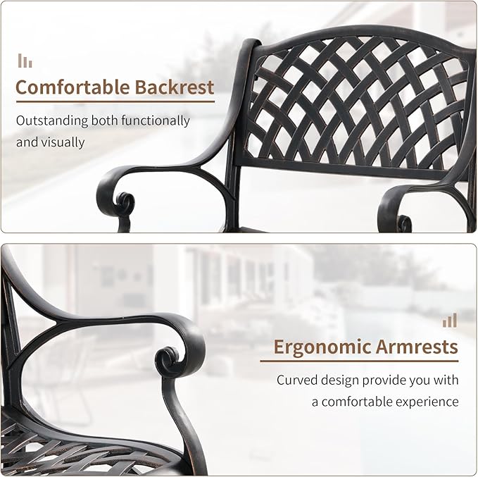 Outdoor Cast Aluminum Chairs Set of 2, Patio Dining Chair with Armrest, All-Weather Patio Bistro Chair Set with Adjustable Foot Pads for Balcony, Lawn, Garden, Backyard