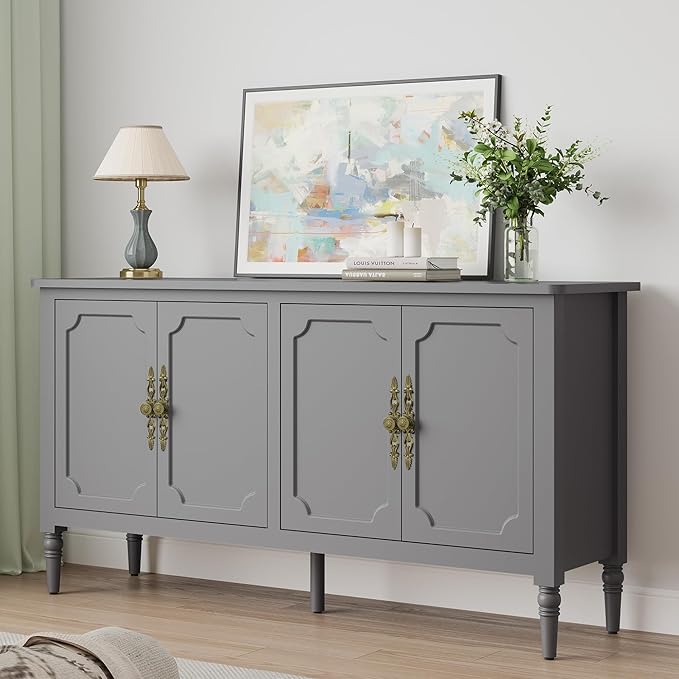 Sideboard with 4 Doors, Mid-Century Console Table with Adjustable Shelves, Accent Cabinet for Entryway, Living Room, Dining Room, Grey