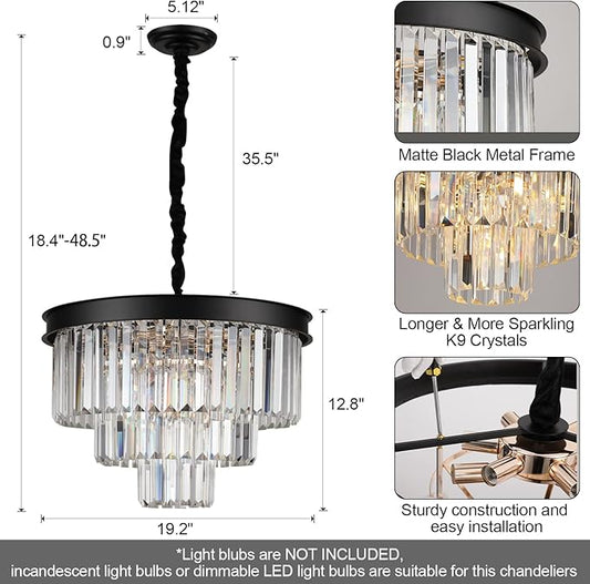 Black Crystal Chandeliers Modern Round Chandeliers 20" Dimmable 9 Lights Ceiling Pendant Light Fixtures 3 Tiers Luxury Raindrop for Living Room Dining Room Bedroom Foyer
