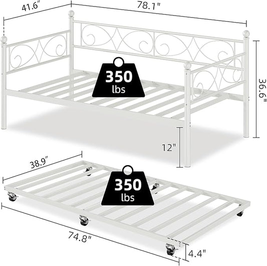 IDEALHOUSE Twin Daybed with Trundle, Metal Trundle Bed, Sofa Bed Frame, Heavy Duty Metal Slats, for Living Room, Bedroom, Guest Room, Space Saving, Modern White