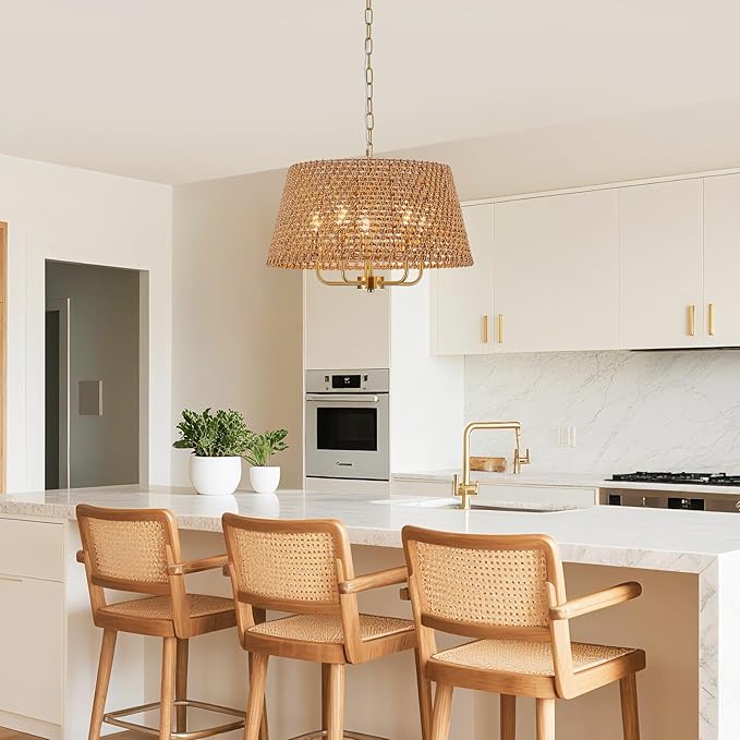 5-Lights Hand-Woven Rattan Chandelier Vintage Farmhouse Boho Bamboo Chandeliers Light Fixture Retro Drum Wicker Rattan Gold Chandelier for Dining Room, Kitchen, Living Room