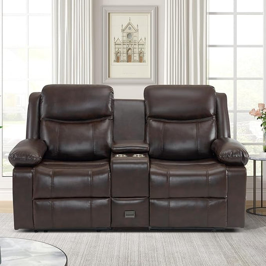 Loveseat Recliner Sofa with Massage & Heating, Reclining Loveseat with Console, RV Wall Hugger Double Loveseat Recliner Couch for Living Room & Home Theater (Brown)