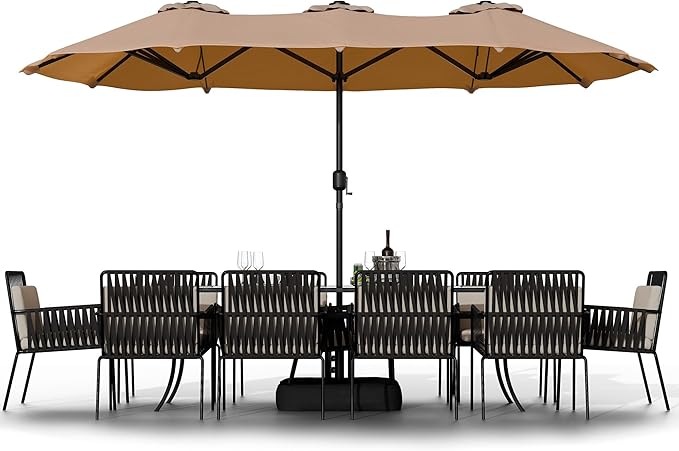 Shintenchi 16FT Large Patio Umbrella with Base Included, Outdoor Double-Sided Rectangular Shade with Crank Handle for Poolside Lawn, Deck & Garden, Khaki