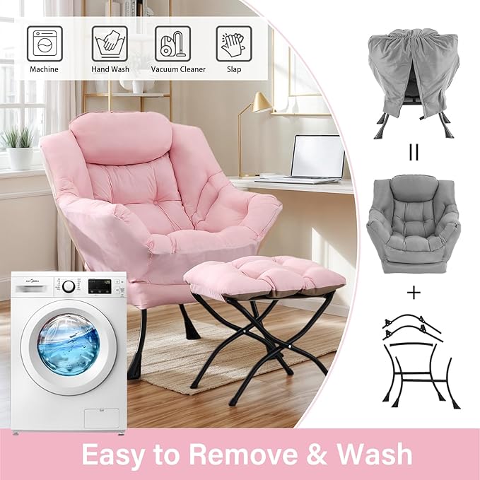 Lazy Chair with Ottoman, Large Pink Accent Chair with Ottoman, Comfy Reading Armchair, Leisure Sofa Chair for Living Room, Bedroom, Dorm Room, Office