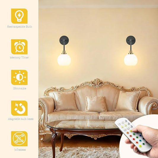 Battery Operated Wall Sconces Set of 2, Black Gold Rechargeable Wireless Wall Lights with Milky White Shade, 12 RGB and 3CCT Dimmable Wall Lamps with Remote for Bedroom Living Room Hallway