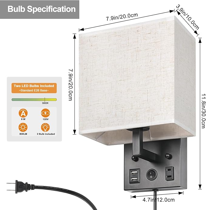 CADUKE Bedside Wall Lamp Set of 2, Plug in Wall Sconce with USB Charging Port and AC Outlet, Modern Black Brushed Nickel Wall Light with Plug in Cord for Living Room Office, E26 LED Bulb Included