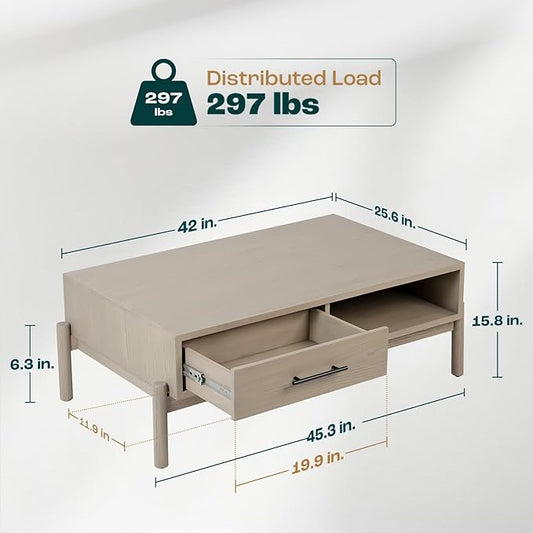 Bme Coffee Table for Living Room, Lyra Solid Wood Rectangle, Mid Century Modern Center Table with Storage, Easy Assembly, Oak Light Grey