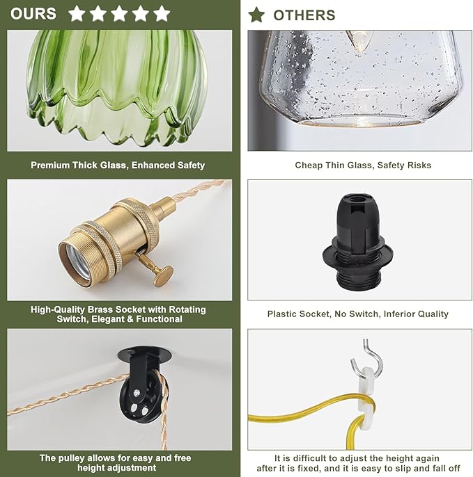 Plug in Pendant Light Fixtures, Hanging Light Fixture Vintage Glass Pendant Light, Mini Green Tulip Hanging Lamp, Pendant Lighting for Kitchen Island, Bedroom, Dining Room, Living Room