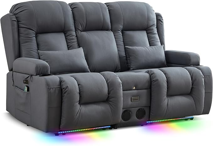 TUNYI Wall Hugger Loveseat Recliner Sofa with Console, Power Reclining Loveseat RV Couch with Massage & Heat/USB/Outlet/Storage/LED Light/Speaker (Blue)