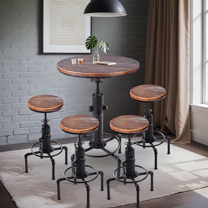 Vintage Industrial Bar Stools,Kitchen Counter Bar Stool Height Adjustable 23.6"-29.5" Swivel Bar Stool, Solid Wood Water Pipe Fire Cafe Pub Bar Stool,Set of 2, Black