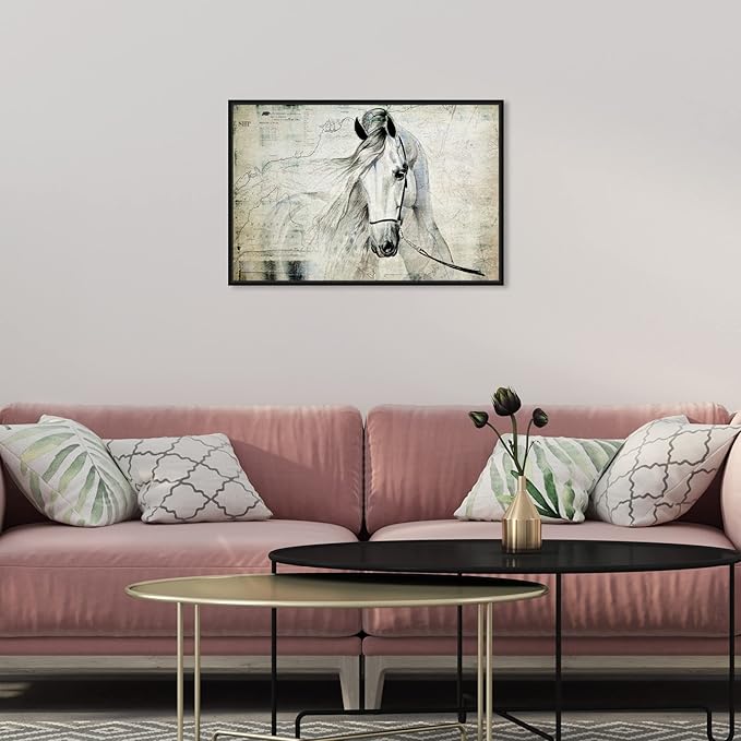 Country Farmhouse Canvas Print Painting Animal Wall Art 'Southern White Horse' Black Framed Canvas Rustic Home Décor 24x16 in Gray, Brown by Oliver Gal