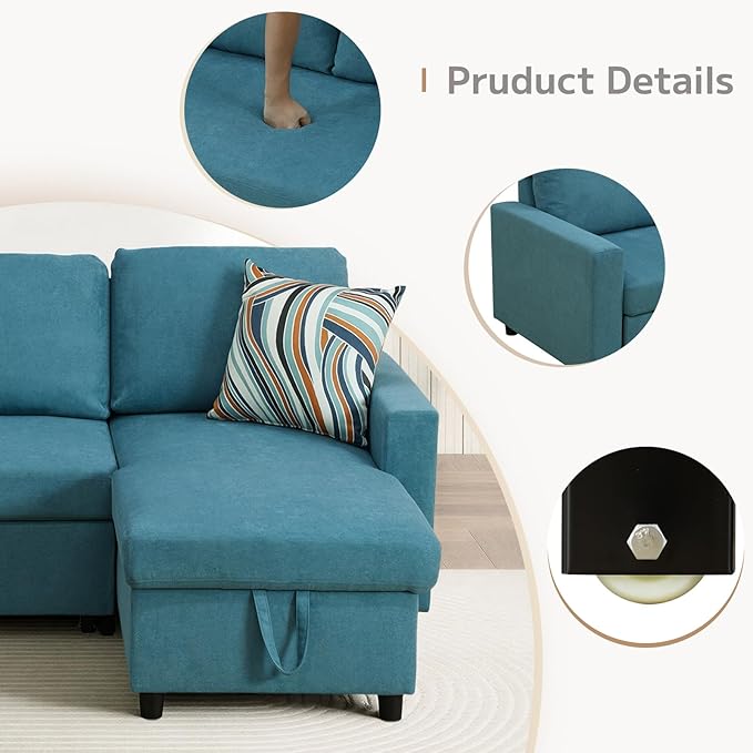 Yafylly L-Shaped Sleeper Sofa with Chaise Lounge & Storage, Pull-Out Couch Bed with Recliner, Full Size Futon for Living Room, Office, Apartment Teal