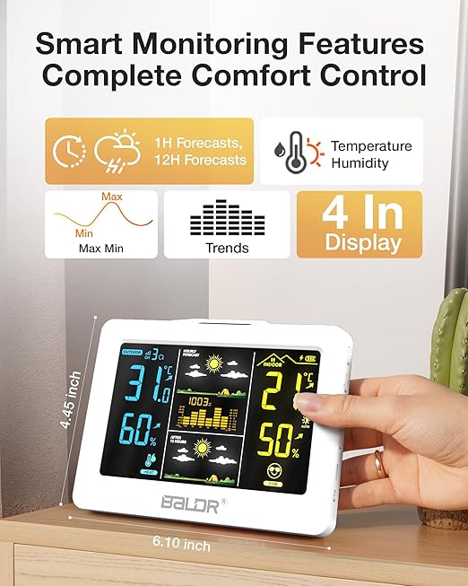 Wireless Weather Station with Outdoor Sensor, Indoor Outdoor Thermometer Hygrometer, HD Color Display, Smart Backlight, Rechargeable Battery Temperature Humidity Monitor