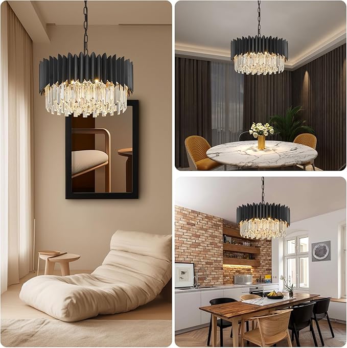 20" Black Crystal Chandelier 4-Tier Round 6 Lights Ceiling Light Fixture K9 Pendant Hanging for Entryway Foyer Dining Room Bedroom Living Room