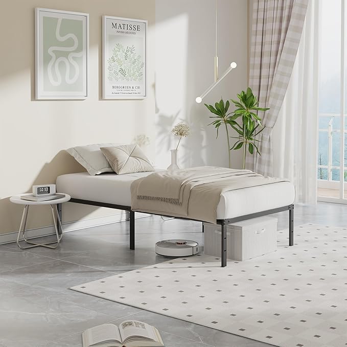 Sweetcrispy Twin XL Size 14 Inch Platform Bed Frame, Heavy Duty Metal Foundation Frame, Noise-Free Sturdy Steel Slats, Underbed Storage, No Box Spring Needed, Quick Setup