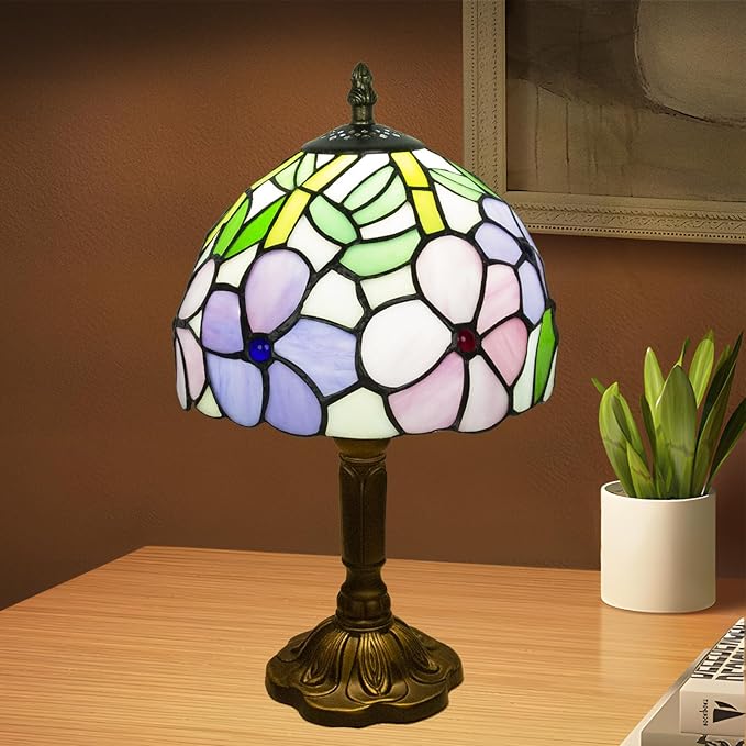 Crefotu Tiffany Style Table Lamp, 3 Color Temperatures Bedside Lamp, 8 Inch Stained Glass Desk Light for Home Office Bedroom Living Room (4 Flower Pattern)