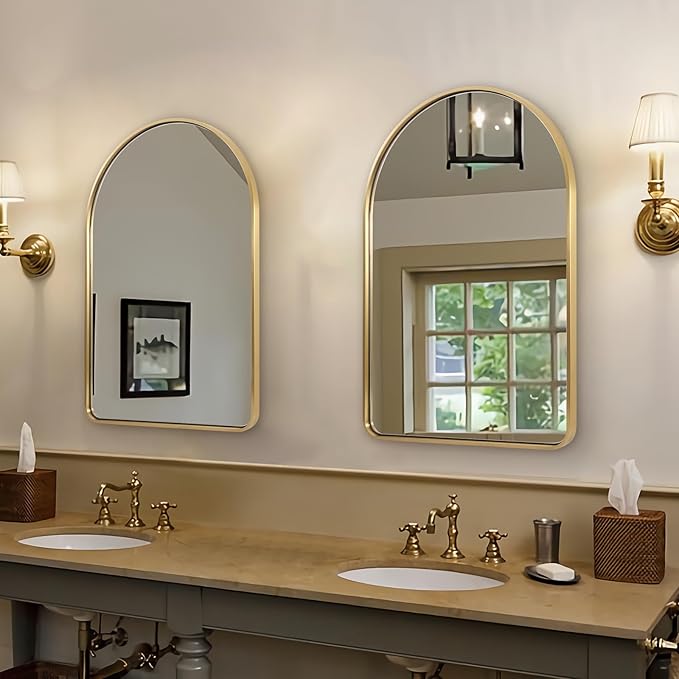 ANDY STAR Brass Mirror Bathroom, 24x36’’ Gold Arched Mirror, Arched Bathroom Mirror, Gold Bathroom Mirror Metal Framed, SUS304-Anti-Rust, Tube Frame, 1’’ Deep Set Wall Mounted Vertical