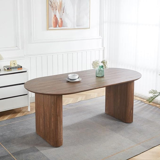 Ball & Cast 59.06"-90.55" Extendable Dining Table for 4-6,Modern Kitchen Oval Dinner Table with Removable Leaves Space Saving,Dining Room Table with Wood Strip Base for Kitchen Living Room,Walnut