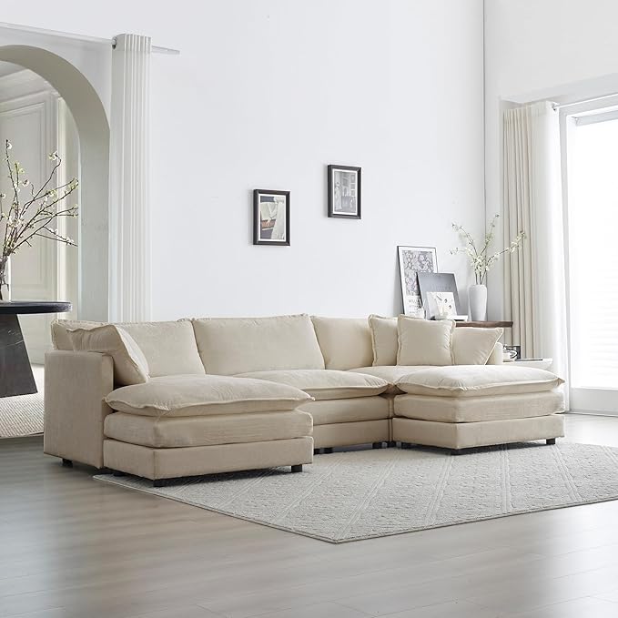 Luxury Modular Sectional Sofa with Ottoman, 111.5" Overstuffed U-Shaped Cloud Sofa, Premium Chenille Fabric Deep Seat Couch, Extra Wide Sectional for Living Room, Apartment & Office | Layer Cushions