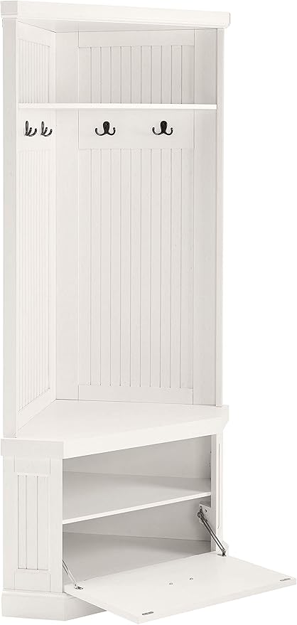 Crosley Furniture Seaside Corner Hall Tree with Shoe Rack Bench and Coat Hooks for Hanging Storage, Distressed White