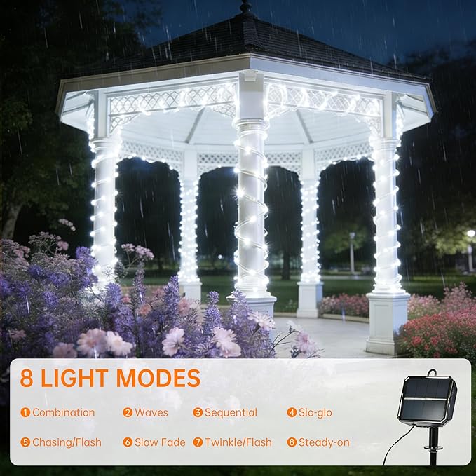 Solar Roep Lights for Outside, 2 Packs Total 66ft 200 LED Solar String Lights with 8 Modes, Waterproof Solar Outdoor Light for Patio Garden Party Tree Proch Pool Holiday Xmas Decor-White