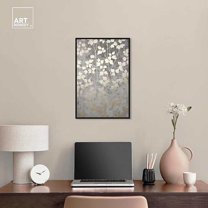 Art Remedy Silvery Gray Garden Canvas Elegant Floral Wall Art, Black Frame, 16" x 24"
