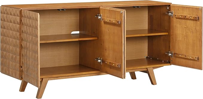 NTC Sapa Mid-Century Modern Solid Wood Sideboard – 4-Door Accent Buffet Cabinet with Carved Geometric Fronts, for Living Room, or Entryway, Effortless Assembly, Teak Look